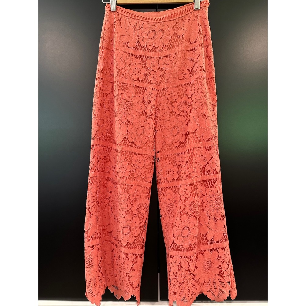 Saylor Coral Pink Floral Lace Wide Leg Cropped Pants XS High Rise Scalloped Hem